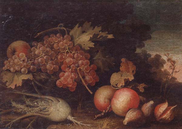 Still lifes of Grapes,figs,apples,pears,pomegranates,black currants and fennel,within a landscape setting